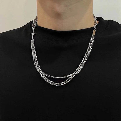 Gothic Punk Silver Zircon Cross Star Beaded Pearl Unisex Chain Necklace - Le Joyau Store - beaded,tassel,titanium,unisex,zircon - A