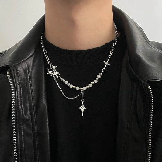 Gothic Punk Silver Zircon Cross Star Beaded Pearl Unisex Chain Necklace - Le Joyau Store - beaded,tassel,titanium,unisex,zircon - A