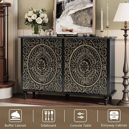 Gothic Baroque Black & Gold Sideboard Cabinet Embossed 4-Door Buffet with Ornate Carvings - Le Joyau Store - 4 doors,accent,black,vintage,wood - Black