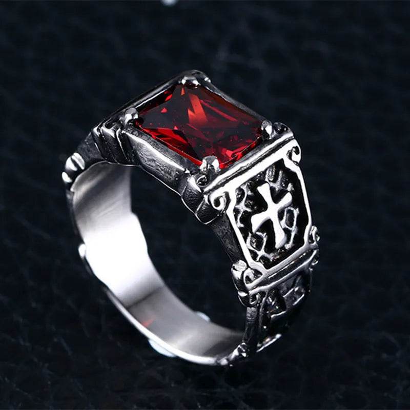 Vintage Silver Elegant Red Zircon Engraved Cross Men's Punk Ring - Le Joyau Store - charm,cross,party,red,zircon - 7