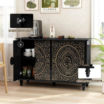 Gothic Baroque Black & Gold Sideboard Cabinet Embossed 4-Door Buffet with Ornate Carvings - Le Joyau Store - 4 doors,accent,black,vintage,wood - Black