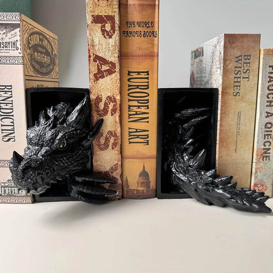 Fierce Dragon-Shaped Fantasy-Themed Book Nook Head & Tail Bookshelf Bookends (2pcs) - Le Joyau Store - bookend,decor,dragon,fantasy,home - Black