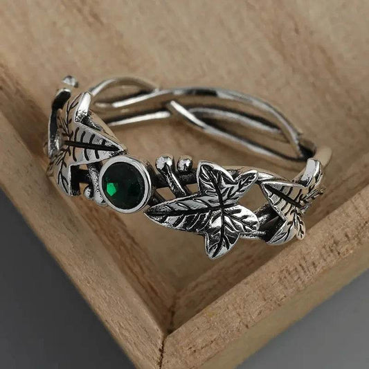 Women's Antique Silver Ivy Leaves & Emerald Gemstone Vintage Woodland Ring - Le Joyau Store - American,Creative,European,Ivy Ring,Retro Style - 6