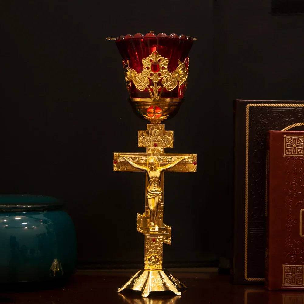 Traditional Orthodox Jesus Christ Red & Gold Chalice Candleholder - Le Joyau Store - candle,metal,orthodox,table,worship - 