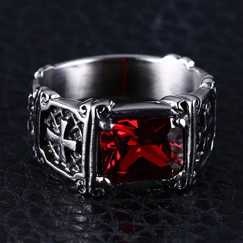Vintage Silver Elegant Red Zircon Engraved Cross Men's Punk Ring - Le Joyau Store - charm,cross,party,red,zircon - 7