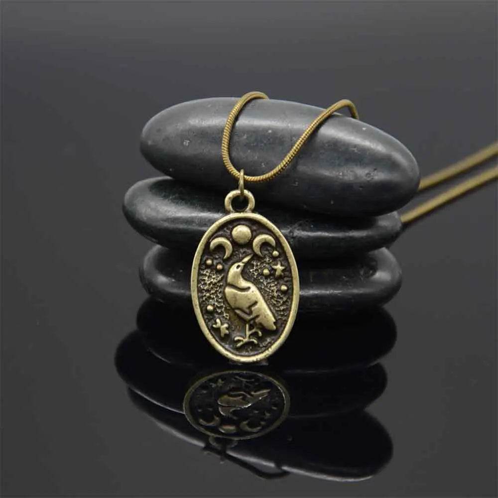 Antique Odin Raven Triple Moon Goddess Nordic Viking Gothic Witches Pendant Necklace - Le Joyau Store - Antique,Odin,Pagan,Triple Moon,Witchcraft - Rope Chain Bronze