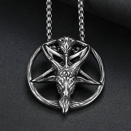 Gothic Pentagram Goat Head Satanic Devil Vintage Silver Pendant Necklace - Le Joyau Store - Biker,Pentagram,Satanic,Stainless,Vintage - With 60cm Chain