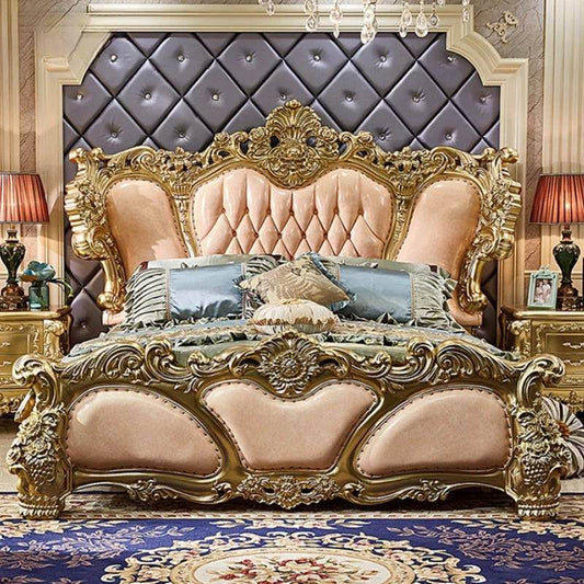 Royal European King Size Light Pink Leather Bed with Gold Engraved Gilded Filigree Headboard - Le Joyau Store - Headboard,Leather,Luxury,Queen,Trendy - 1.8x2m King Bed