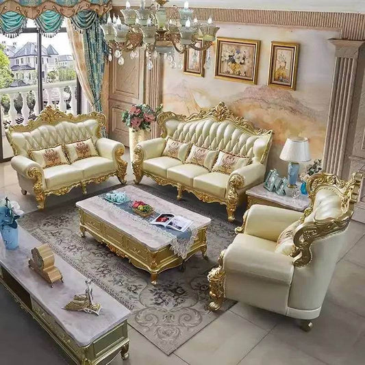 Royal European Cream Quilted Leather & Gilded Wooden Golden Living Room Sofa Set - Le Joyau Store - designer,golden,Nordic,reclining,wood - Single Seat