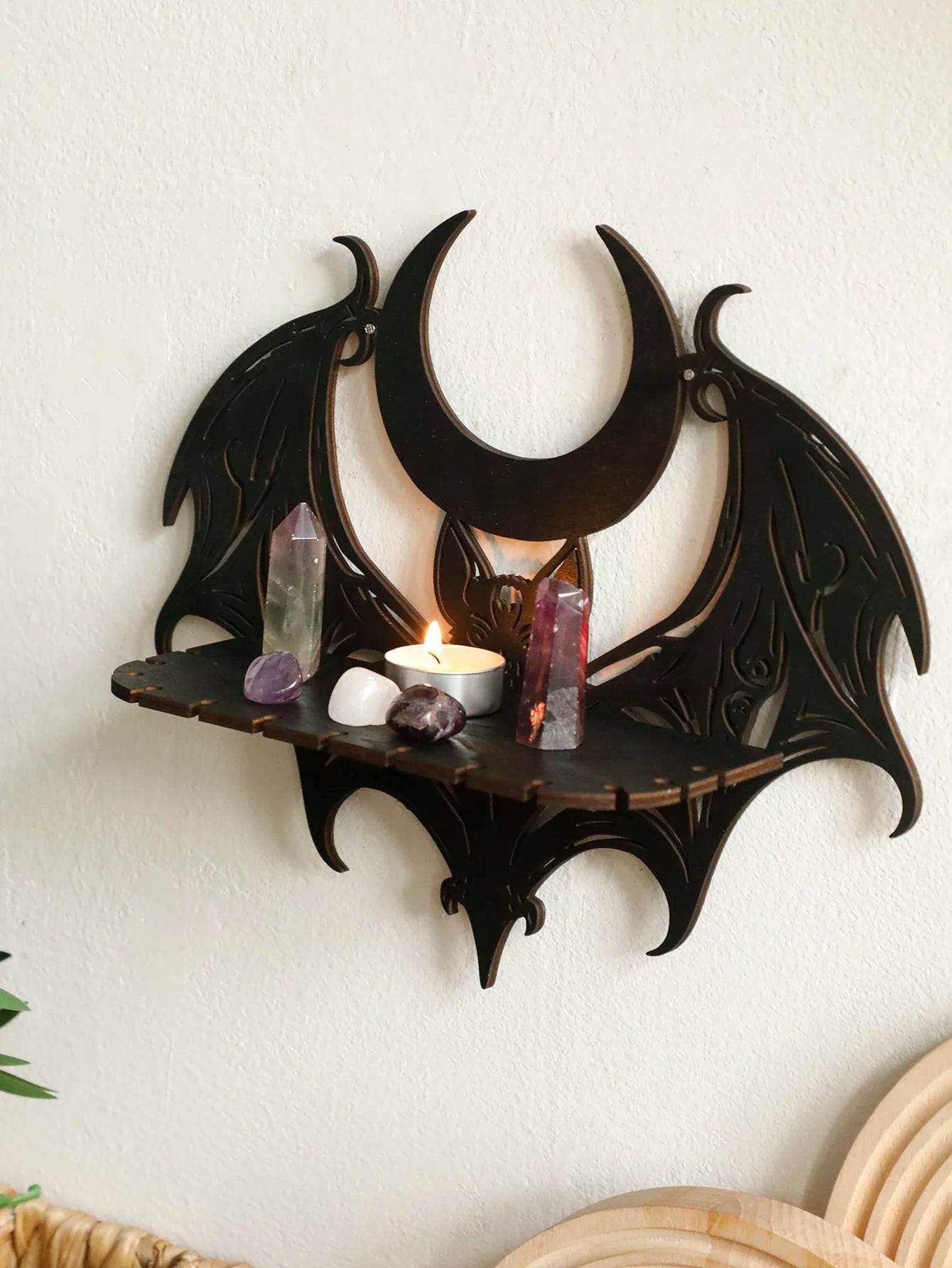 Gothic Black Bat & Crescent Moon Witches Wooden Wall Shelf Crystal Display Rack - Le Joyau Store - Bat,Black,Gothic,Halloween,Moon - 