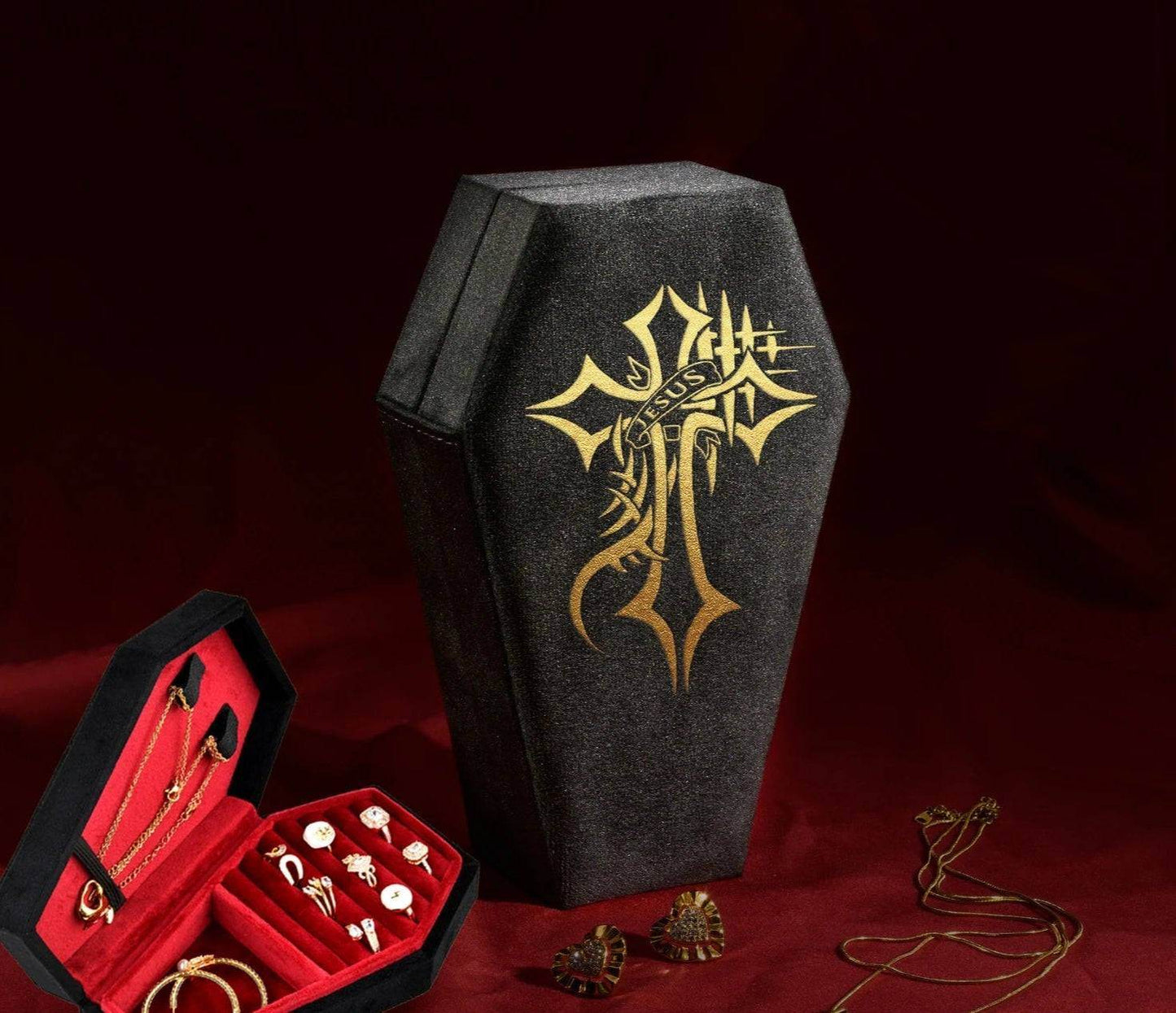 Velvet Coffin Jewelry Box Gothic Black & Red Ring Display Case with Lid - Le Joyau Store - coffin,custom,gothic,jewelry,velvet - M / Rose Logo