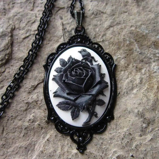 Gothic Black & White Monochrome Rose Women's Victorian Cameo Necklace - Le Joyau Store - Cameo,Choker,Gothic,Rose,Witch - Black Rose