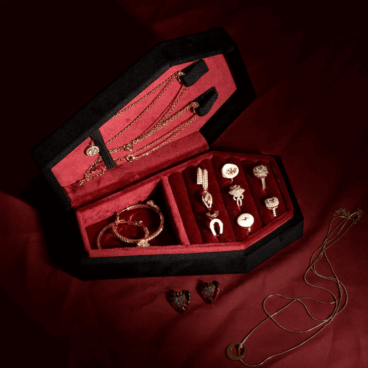 Velvet Coffin Jewelry Box Gothic Black & Red Ring Display Case with Lid - Le Joyau Store - coffin,custom,gothic,jewelry,velvet - M / Rose Logo