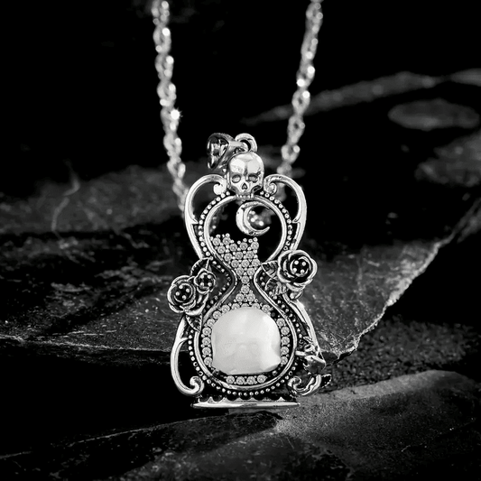 925 Sterling Silver Gothic Moonlight Vintage Hourglass with Skull & Rose Details - Le Joyau Store - 925 Silver,Cubic Zirconia,Skull,Unisex,Vintage - 