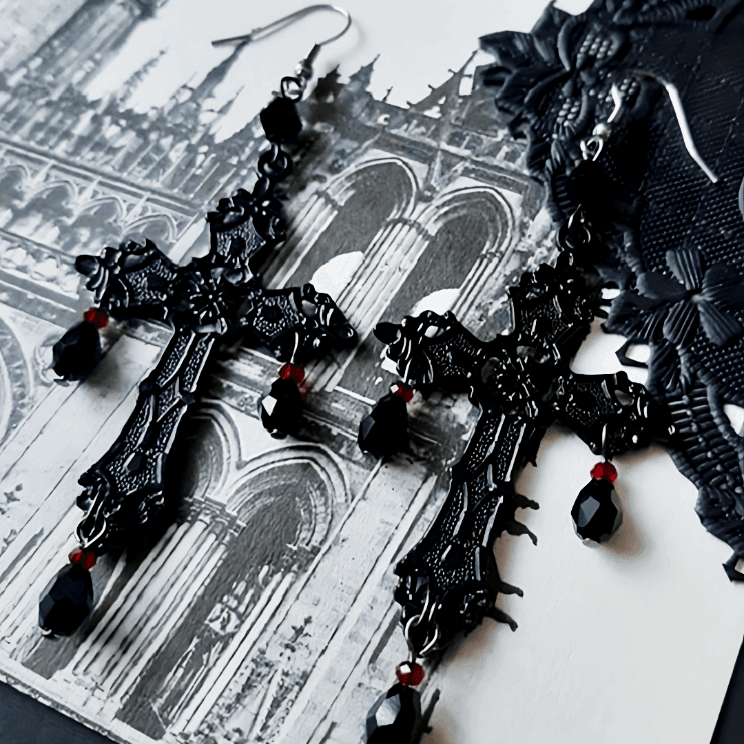 Gothic Engraved Black Cross Women's Drop Earrings with Black & Red Gemstones - Le Joyau Store - black,drop,gothic,party,vintage - 