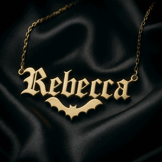 925 Sterling Silver 18K Plated Personalized Gothic Bat Name Necklace - Custom Old English Font - Le Joyau Store - bat lovers,name plate necklace - Gold / 16 inches