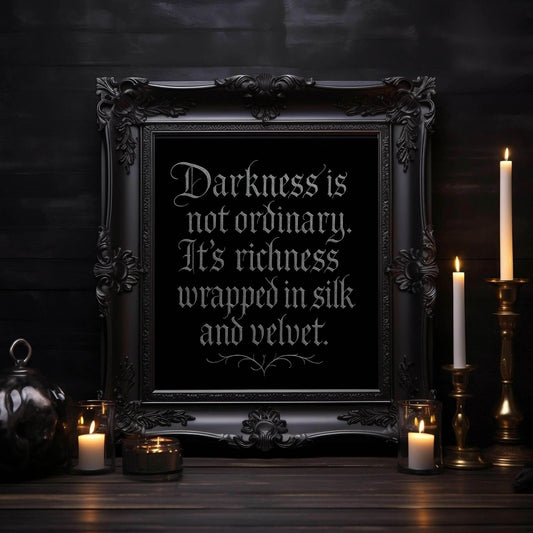 Velvet Darkness Gothic Poster – Dark Academia & Victorian Aesthetic Black & Silver Calligraphy Quote Wall Art - Le Joyau Store - Home & Living,Indoor,Matte - 10″ x 10″