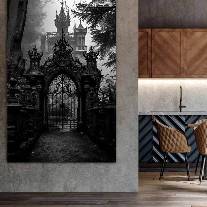 Gothic Castle Gate Victorian Black & White Wooden Canvas Art Print - Le Joyau Store - Canvas Art,Gift,Gothic,Home,Wood Frame - Framed 08×12inch/20.32×30.48cm-1 pc