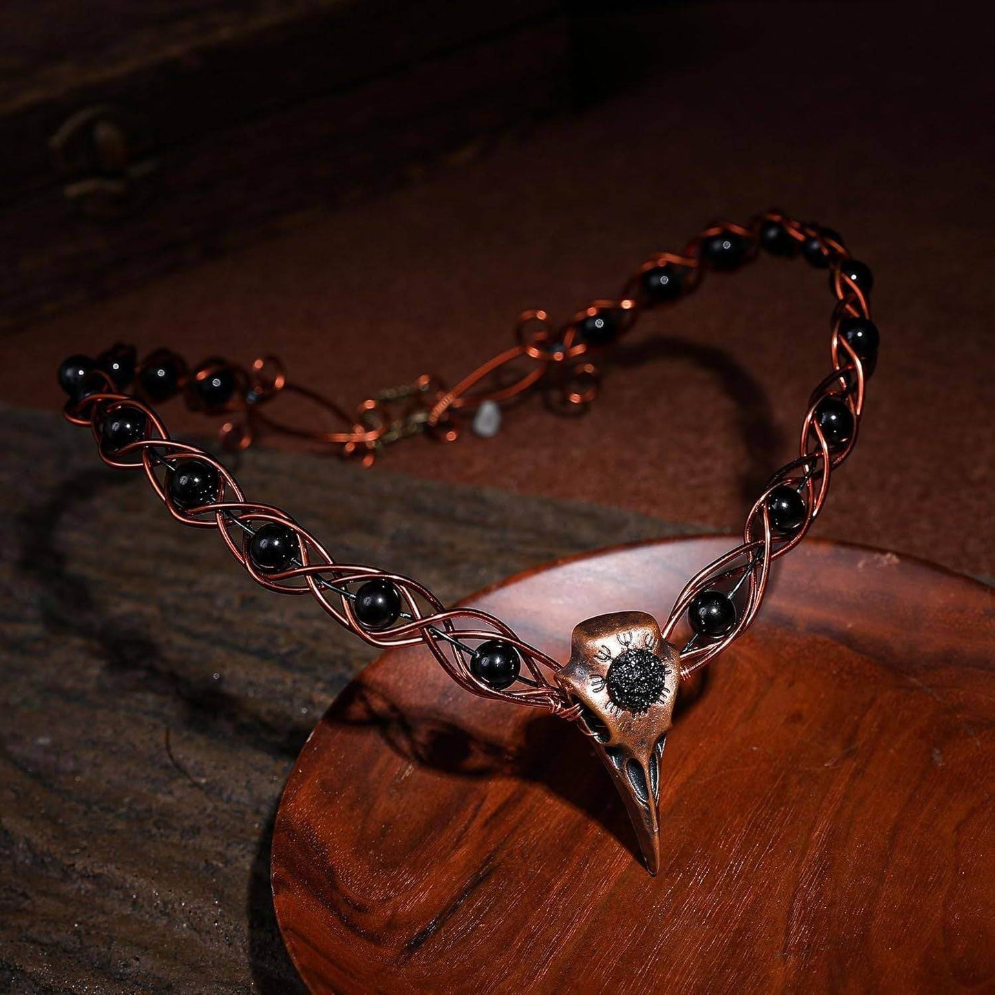 Aged Bronze & Black Viking Raven Skull Crown Headpiece – Medieval Celtic Witches Circlet Tiara - Le Joyau Store - Black,Celtic,Handmade,Raven,Rose Gold - 