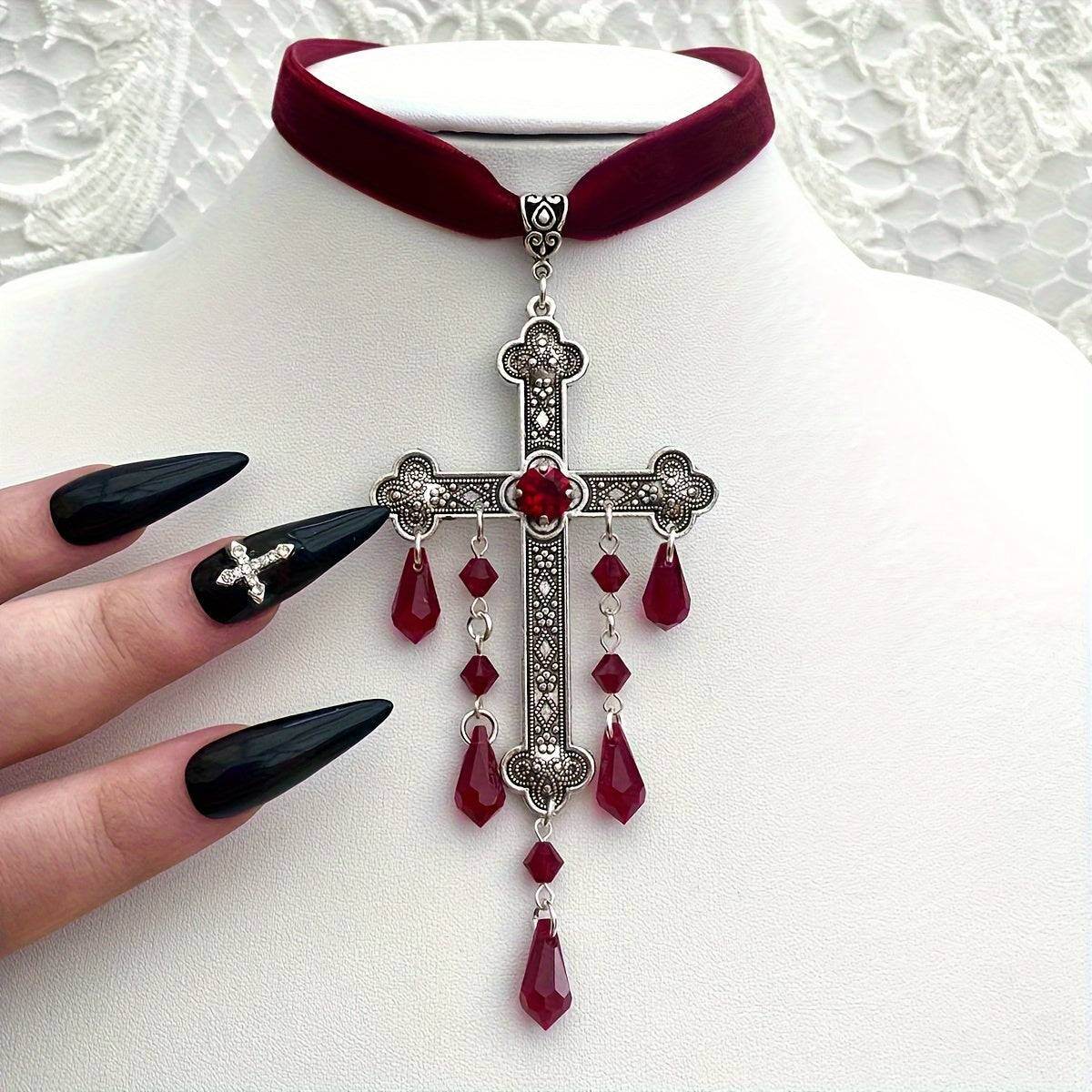 Vintage Gothic Vampire Ornate Engraved Silver & Velvet Cross Choker Necklace with Red Dripping Gems - Le Joyau Store - cross,gems,gothic,vintage,zircon - 