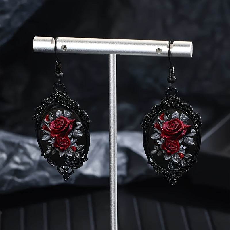 Vintage Red Rose Black Cameo Frame Gothic Women's Dangle Earrings - Le Joyau Store - Alloy,Dangle,Glass,Red Rose,Vintage - 