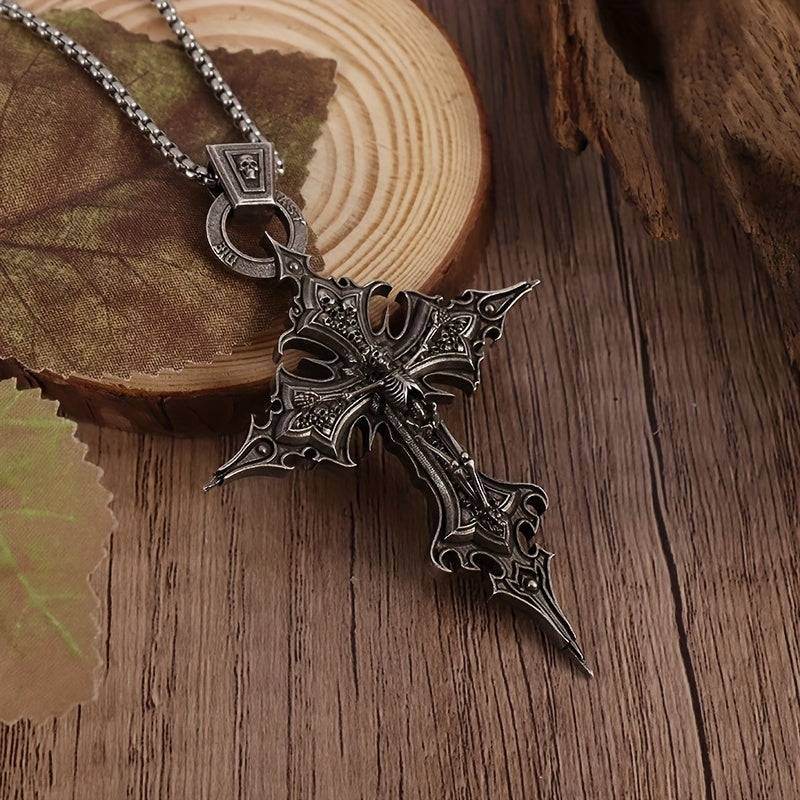 Baroque Gothic Skeleton Cross Ornate Antique Silver Pendant Necklace - Le Joyau Store - Gift,Punk,Silver,Skull,Vintage - 