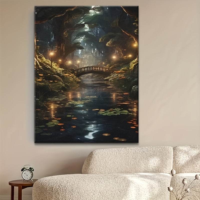 Mystical Enchanted Fantasy Forest Night Lake Bridge Wooden Canvas Art Print - Le Joyau Store - Cottage,Enchanted,Fantasy,Landscape,Wooden - 08×12×0.75inch-Framed