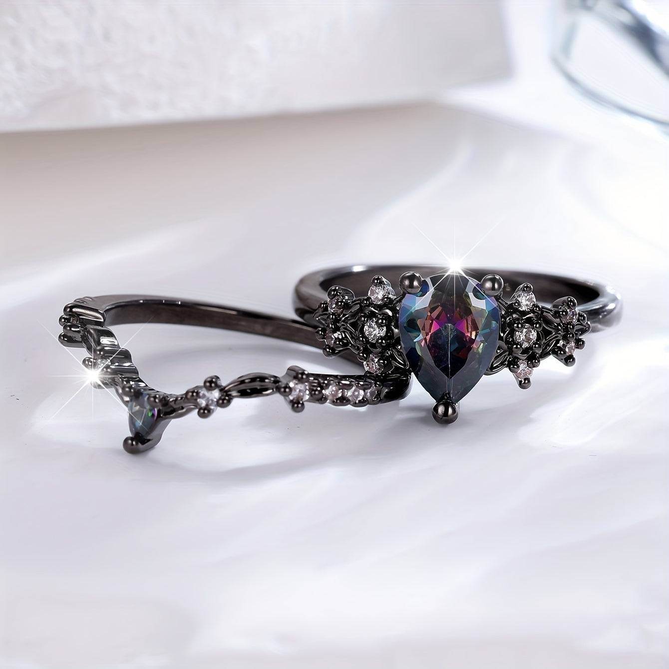 Luxury Black & Multicolored Gothic Two-Piece Oval Women's Ring Set - Le Joyau Store - Black Ring,Gothic,Luxury,Two-Piece,Zircon - 6 / Black