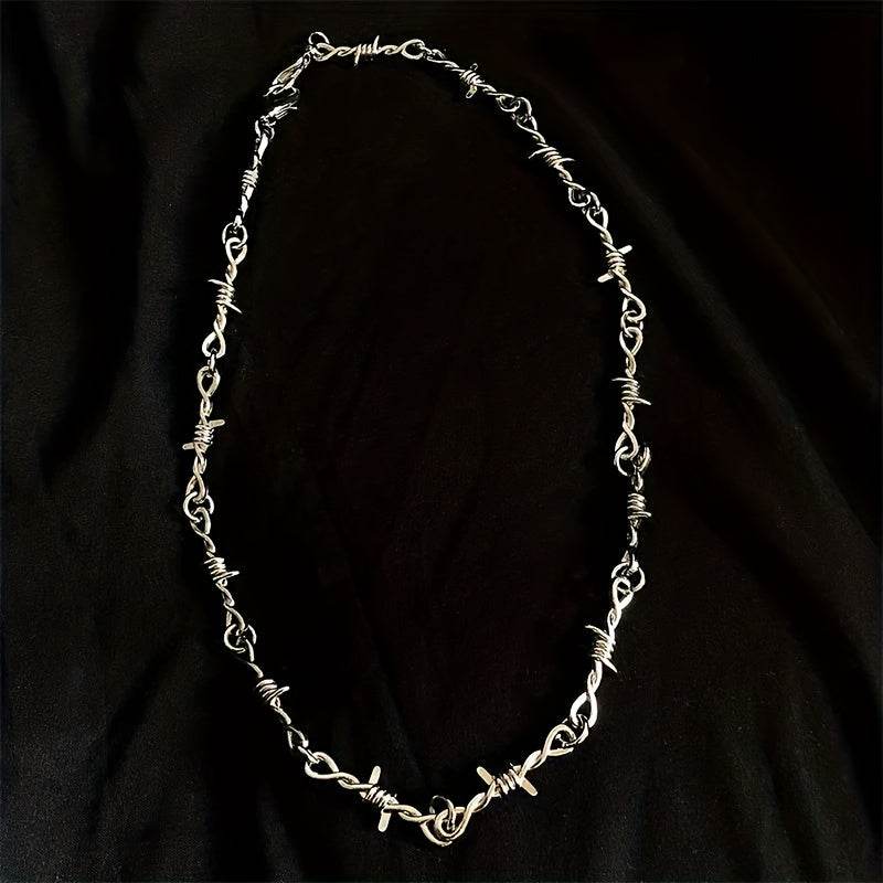 Gothic Punk Rock Twist Spiked Thorns Silver Barbed Wire Chain Necklace - Le Joyau Store - Alloy,Chain,Daily,Punk,Spiked - 