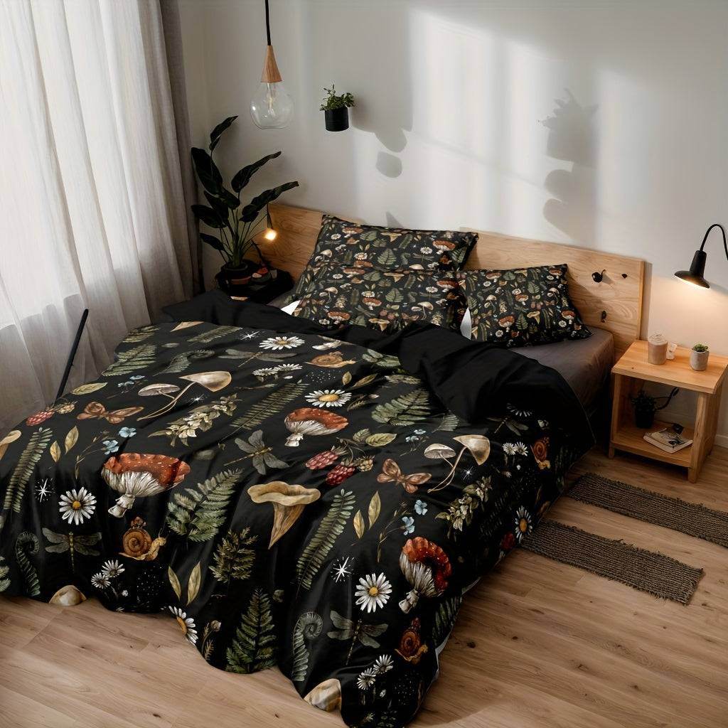 Dark Enchanted Forest Mythical Woodland Mushroom & Flowers Bedding & Quilt Cover Set - Le Joyau Store - Floral,Mushroom,Polyester,Soft - Twin (68.11''*90.16'')