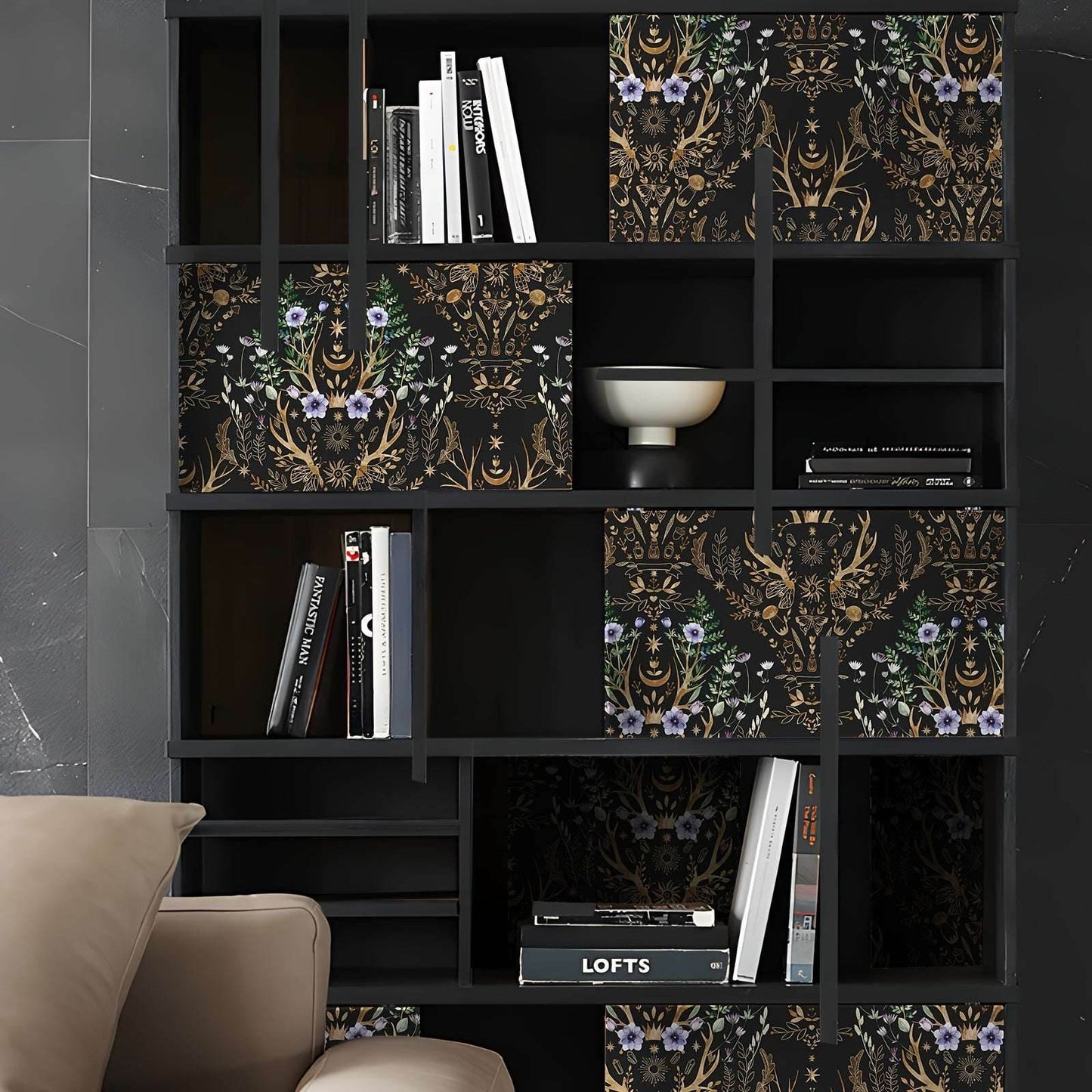 Gothic Mystical Forest Stag Antlers & Woodland Flowers Self Adhesive Wallpaper - Le Joyau Store - Black,Flowers,Removable,Retro,Vinyl - 17.7x118 inches