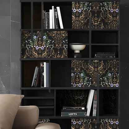 Gothic Mystical Forest Stag Antlers & Woodland Flowers Self Adhesive Wallpaper - Le Joyau Store - Black,Flowers,Removable,Retro,Vinyl - 17.7x118 inches