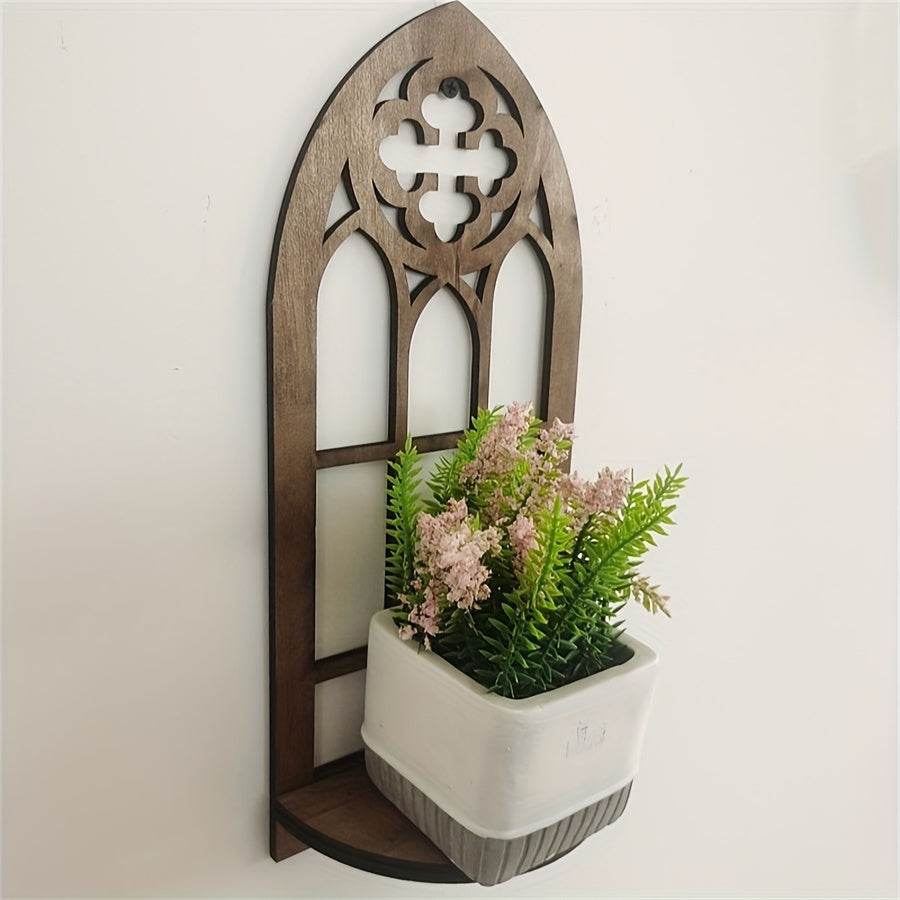 Rustic Brown Wooden Gothic Cathedral Arch Window Hanging Wall Display Shelf - Le Joyau Store - Decor,furniture,Gothic,Storage,Wooden - 