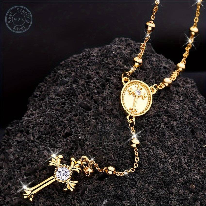 Italian 925 Sterling Silver Y-Shaped Religious Rosary Cross Necklace - Le Joyau Store - rosary,silver,zircon - Gold