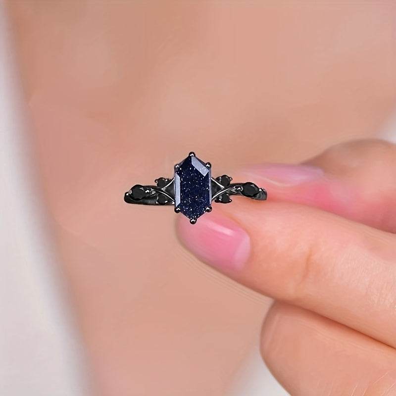 Night Sky Gothic Midnight Blue & Silver Hexagonal Cubic Zirconia Women's Ring - Le Joyau Store - Black Band,Blue Gem,Cubic Zirconia,Elegant - 6