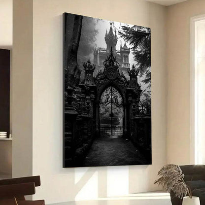 Gothic Castle Gate Victorian Black & White Wooden Canvas Art Print - Le Joyau Store - Canvas Art,Gift,Gothic,Home,Wood Frame - Framed 08×12inch/20.32×30.48cm-1 pc