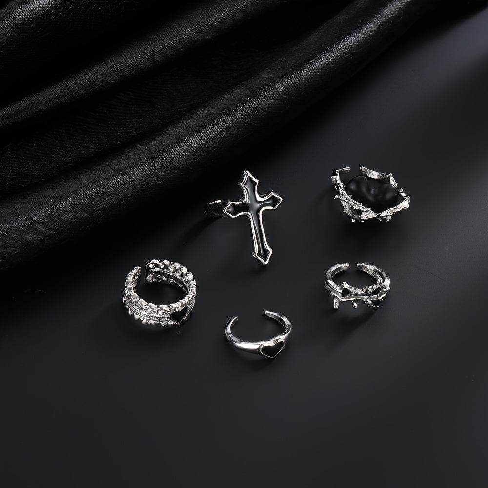Gothic Punk Rock Black & Silver Adjustable Ring Set (5pcs) - Le Joyau Store - Alloy,Gothic,Heart,Punk,Vintage - 