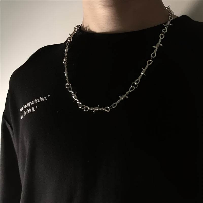 Gothic Punk Rock Twist Spiked Thorns Silver Barbed Wire Chain Necklace - Le Joyau Store - Alloy,Chain,Daily,Punk,Spiked - 