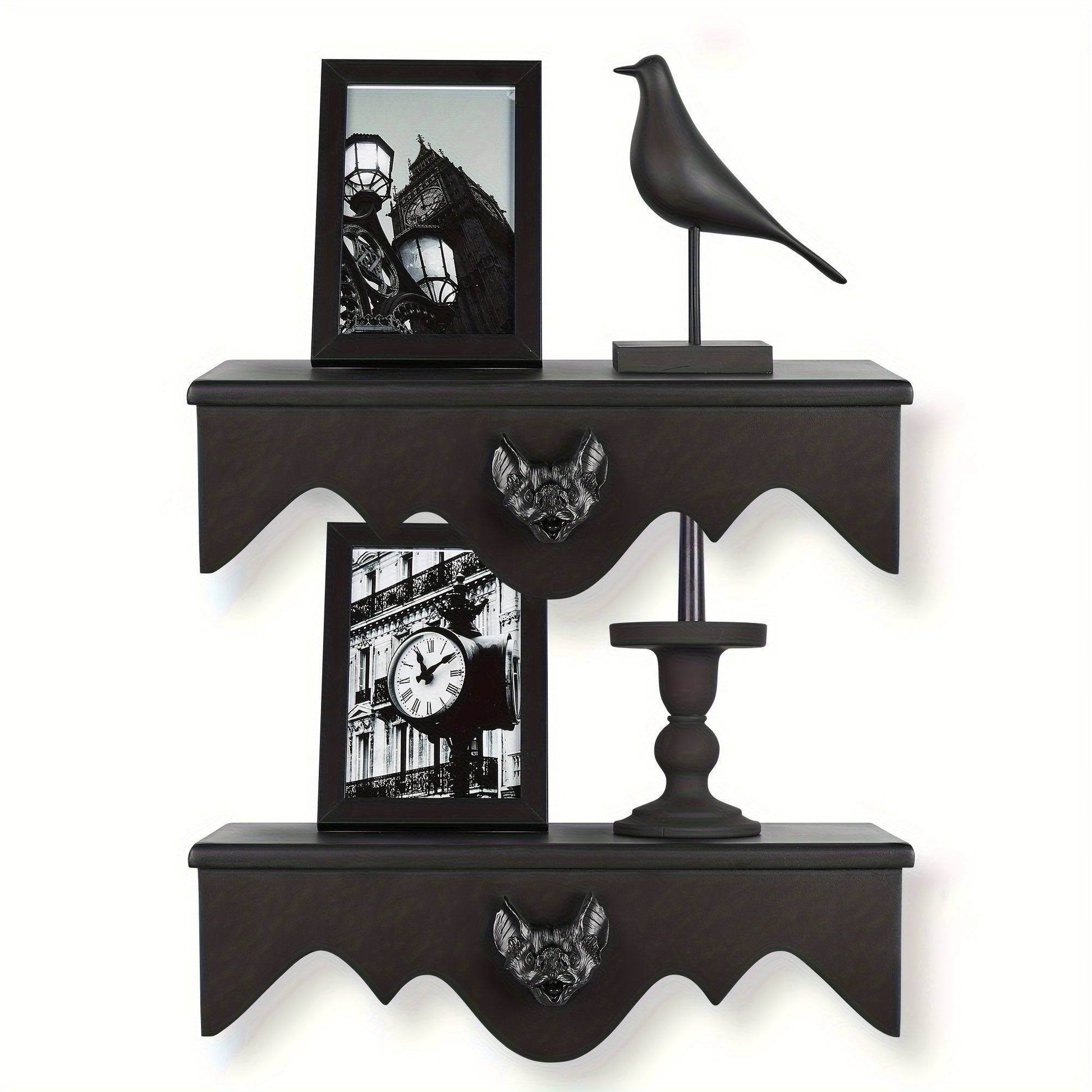 Black Gothic Bat Wooden Floating Shelves (2 Pack) - Le Joyau Store - black,mounted,vampire,vintage,wood - 