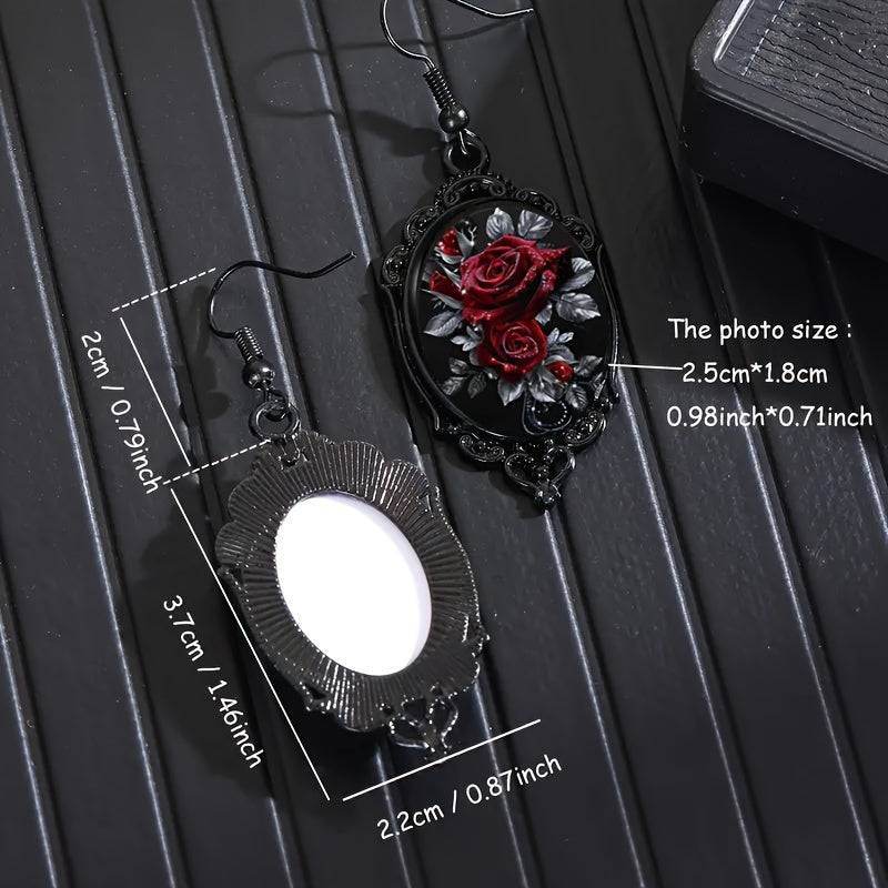 Vintage Red Rose Black Cameo Frame Gothic Women's Dangle Earrings - Le Joyau Store - Alloy,Dangle,Glass,Red Rose,Vintage - 