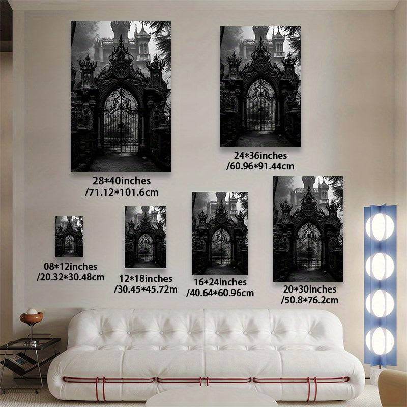 Gothic Castle Gate Victorian Black & White Wooden Canvas Art Print - Le Joyau Store - Canvas Art,Gift,Gothic,Home,Wood Frame - Framed 08×12inch/20.32×30.48cm-1 pc