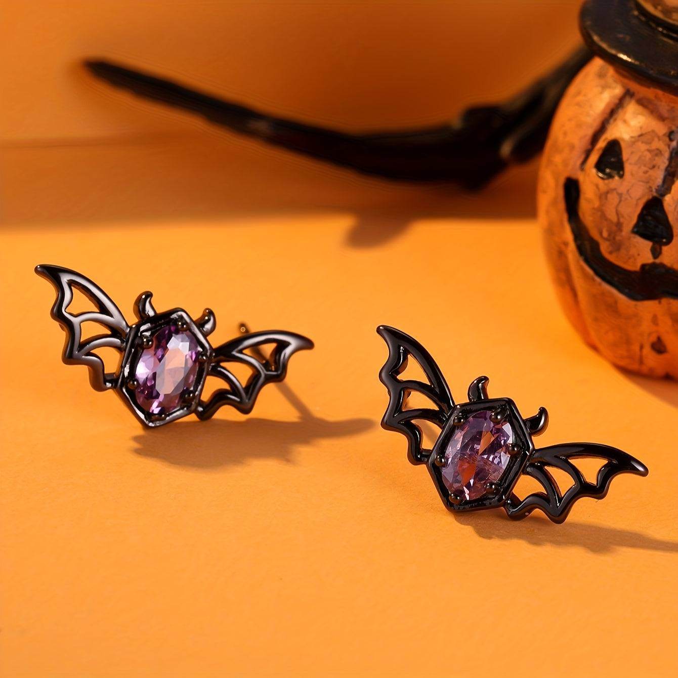 Cute Gothic Punk Hollow Bat Wings Women's Stud Earrings with Purple Gemstone - Le Joyau Store - Black,Gothic,Metal,Punk,Purple - 