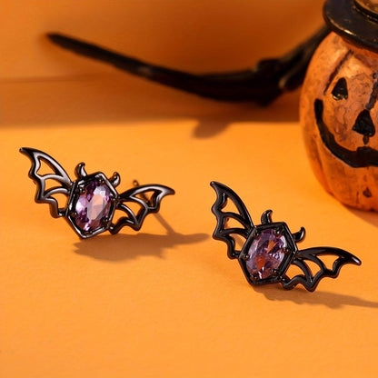Cute Gothic Punk Hollow Bat Wings Women's Stud Earrings with Purple Gemstone - Le Joyau Store - Black,Gothic,Metal,Punk,Purple - 