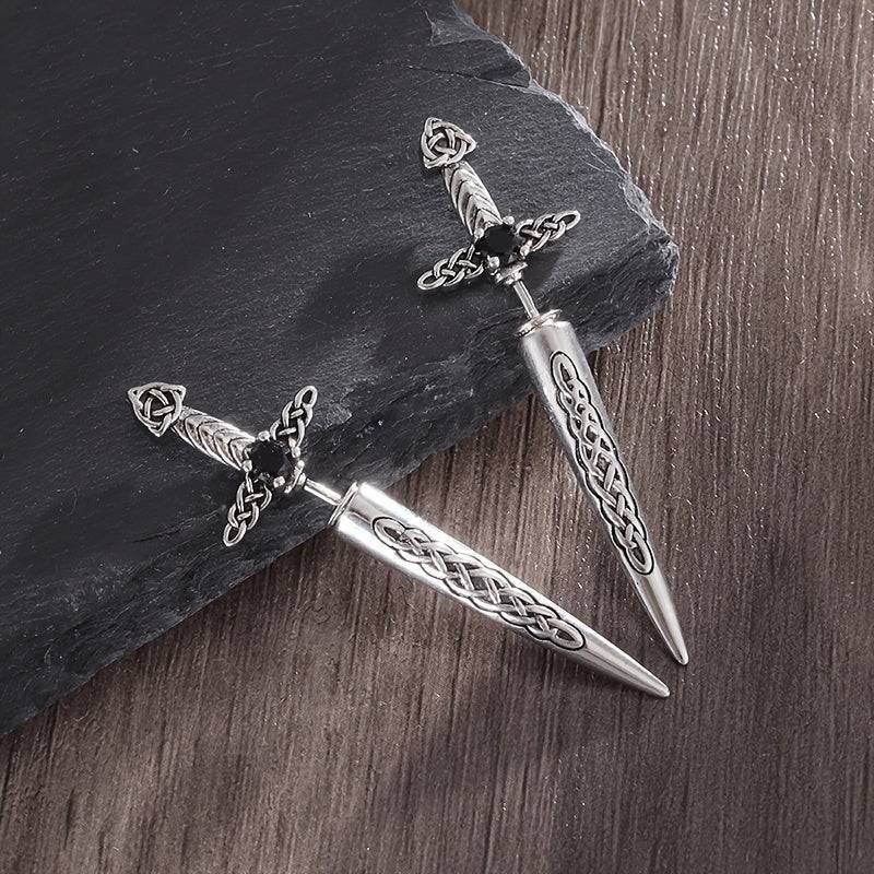 Gothic Celtic Knot Medieval Sword Earrings with Black Zircon – Vintage Punk Dagger Drop Earrings - Le Joyau Store - Black,Celtic,Copper,Punk,Vintage - 
