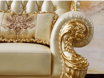 Royal European Cream Quilted Leather & Gilded Wooden Golden Living Room Sofa Set - Le Joyau Store - designer,golden,Nordic,reclining,wood - Single Seat