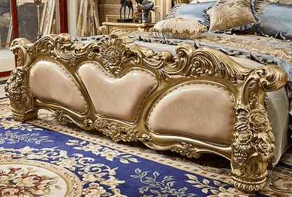 Royal European King Size Light Pink Leather Bed with Gold Engraved Gilded Filigree Headboard - Le Joyau Store - Headboard,Leather,Luxury,Queen,Trendy - 1.8x2m King Bed