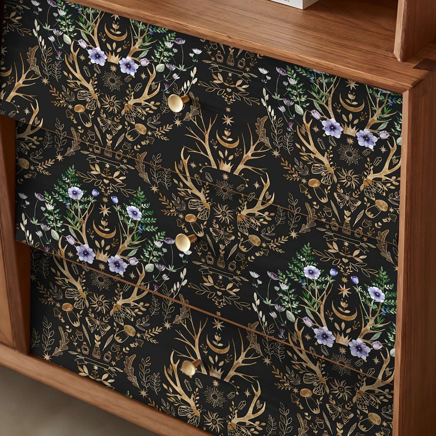 Gothic Mystical Forest Stag Antlers & Woodland Flowers Self Adhesive Wallpaper - Le Joyau Store - Black,Flowers,Removable,Retro,Vinyl - 17.7x118 inches