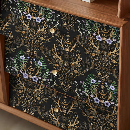 Gothic Mystical Forest Stag Antlers & Woodland Flowers Self Adhesive Wallpaper - Le Joyau Store - Black,Flowers,Removable,Retro,Vinyl - 17.7x118 inches