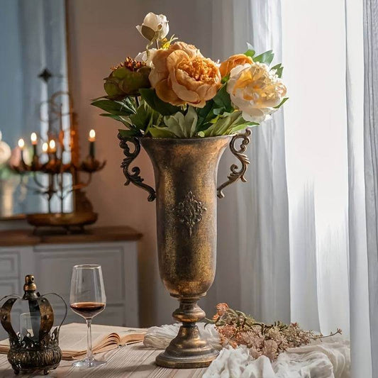 Vintage Aged Metal Bronze Cylindrical Antique Floral Vines Flower Vase - Le Joyau Store - cylindrical,dried flowers,floral design,metal vase,rustic style - 