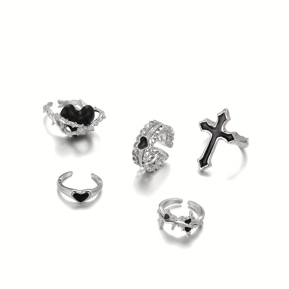 Gothic Punk Rock Black & Silver Adjustable Ring Set (5pcs) - Le Joyau Store - Alloy,Gothic,Heart,Punk,Vintage - 